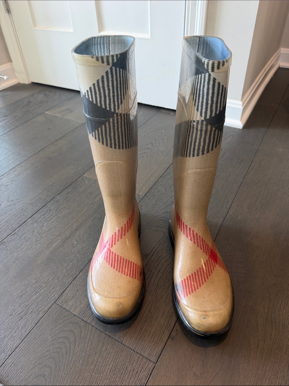 Burberry Tan Plaid Women's Tall Rain Boots with Black & Red Check
